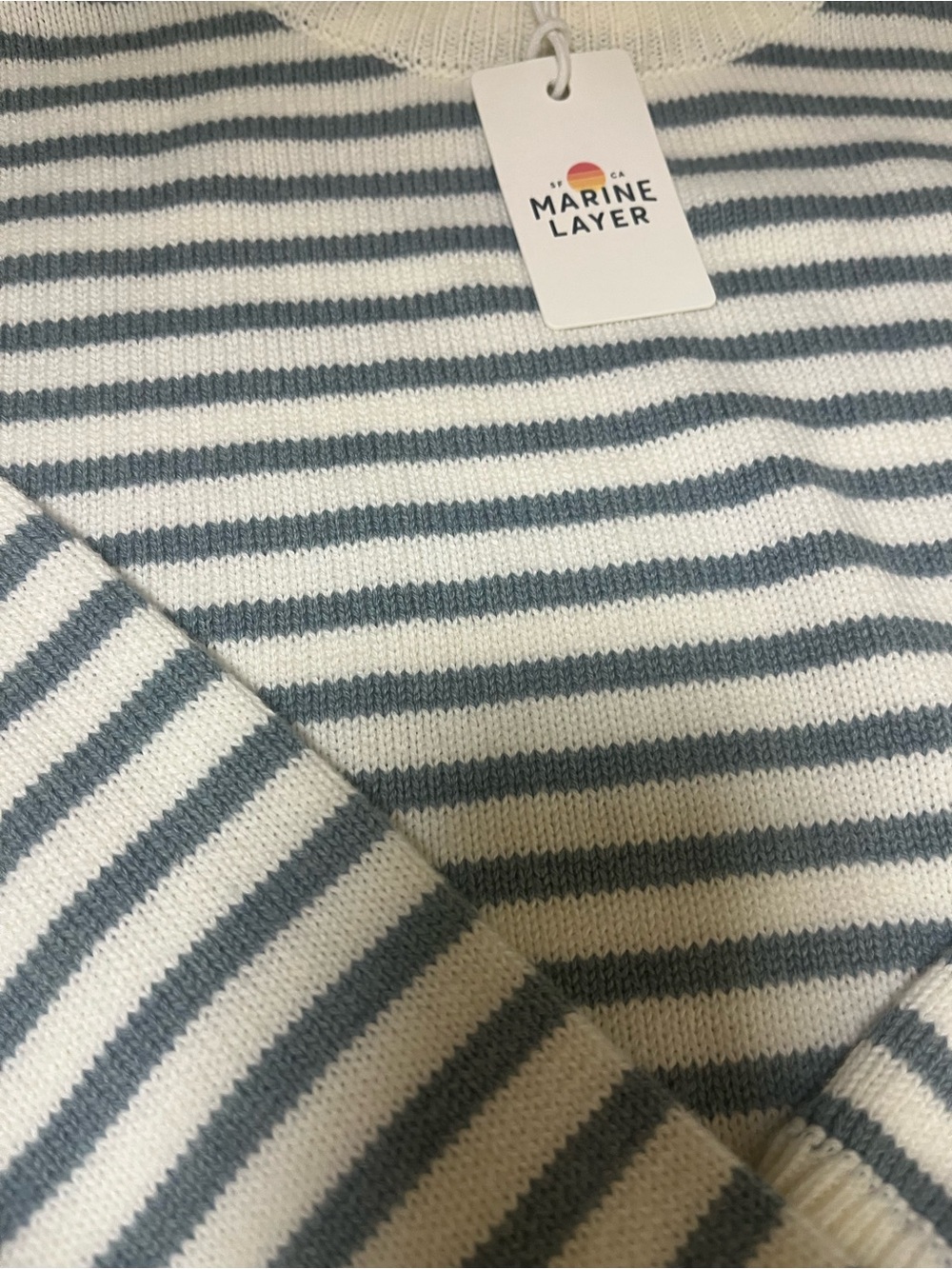 Marine Layer Cream and Slate Blue Striped Crew Sweater